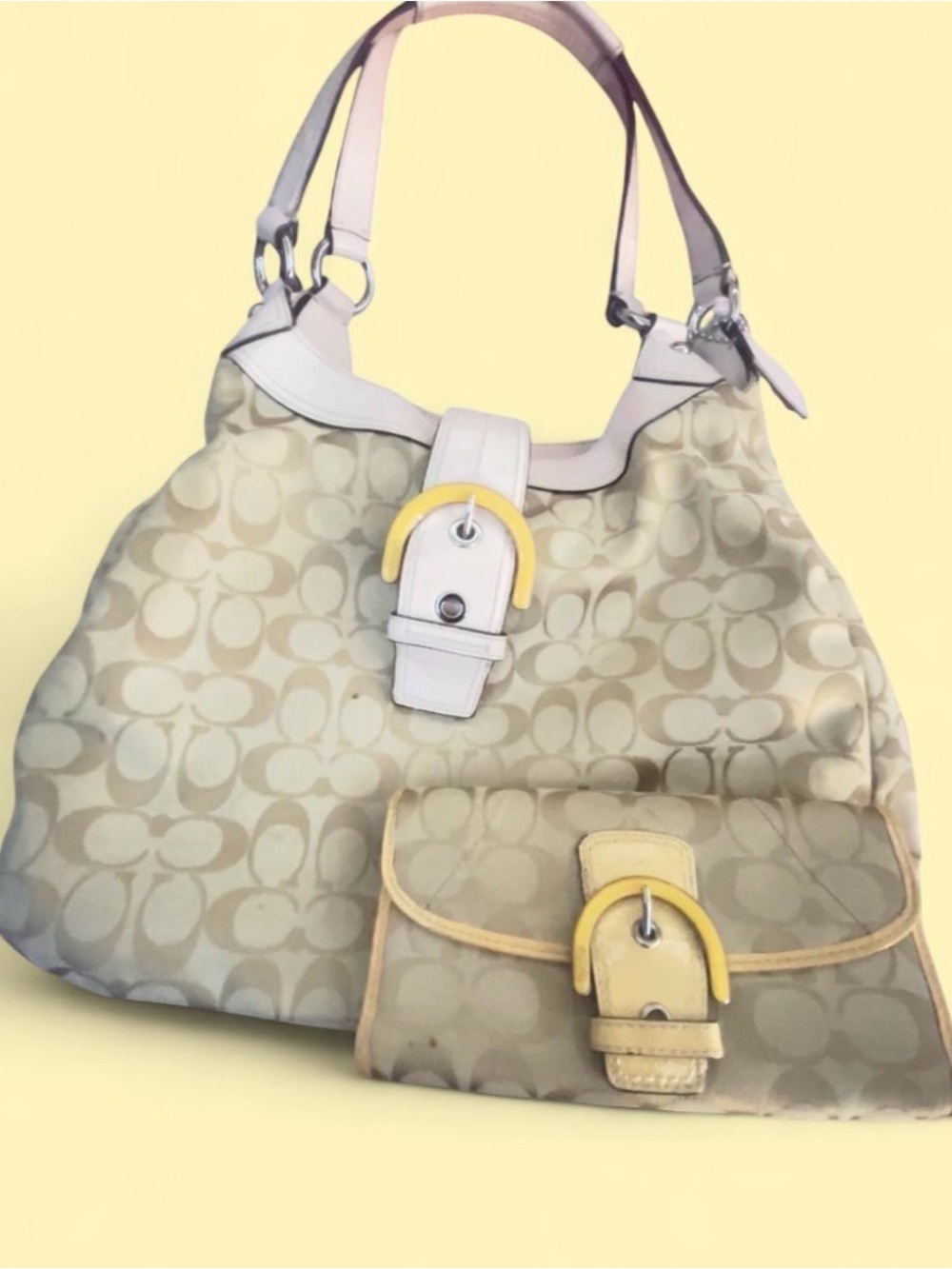 Coach Beige and Yellow Logo Hobo Shoulder Bag with  Matching Wallet